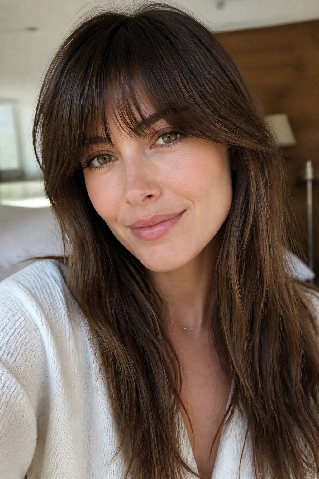 Close-up of a real woman with Birkin bangs skimming the brows in soft irregular fringe