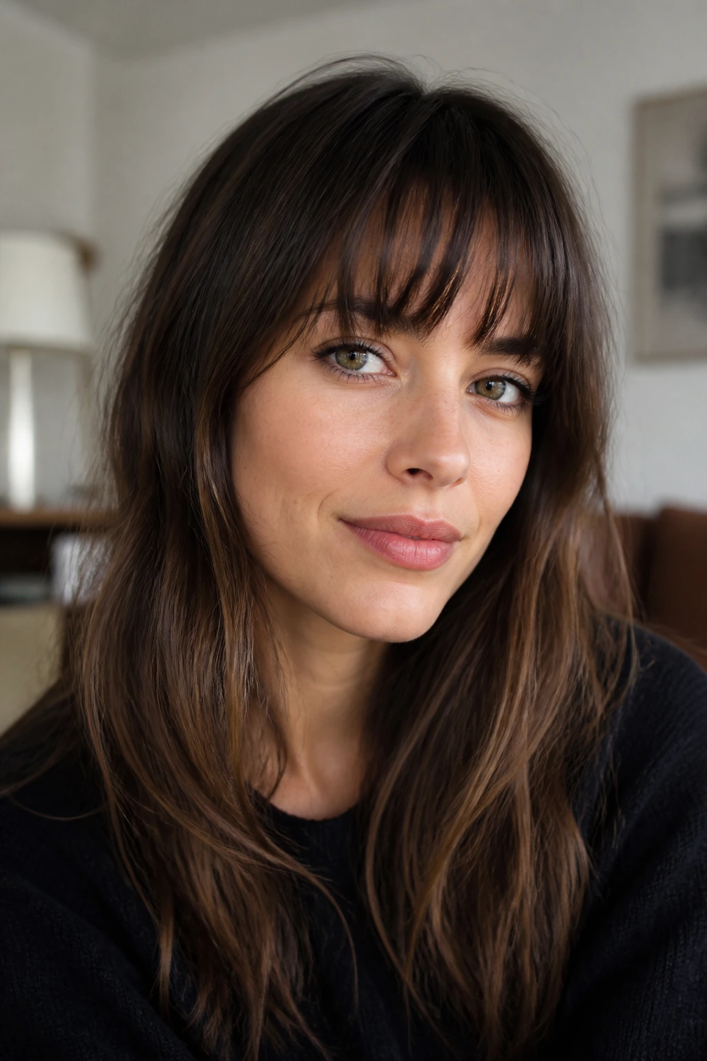 Close-up portrait of a real woman with Birkin bangs skim brows, natural light