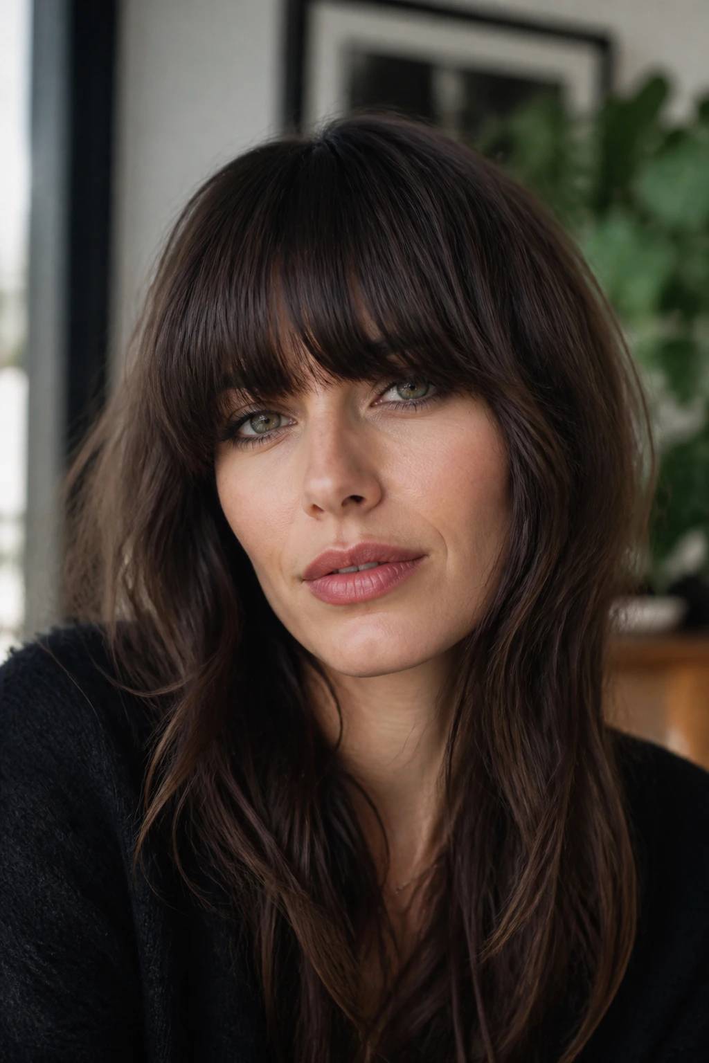 Close-up of a real woman with dense Birkin bangs grazing brows in daylight