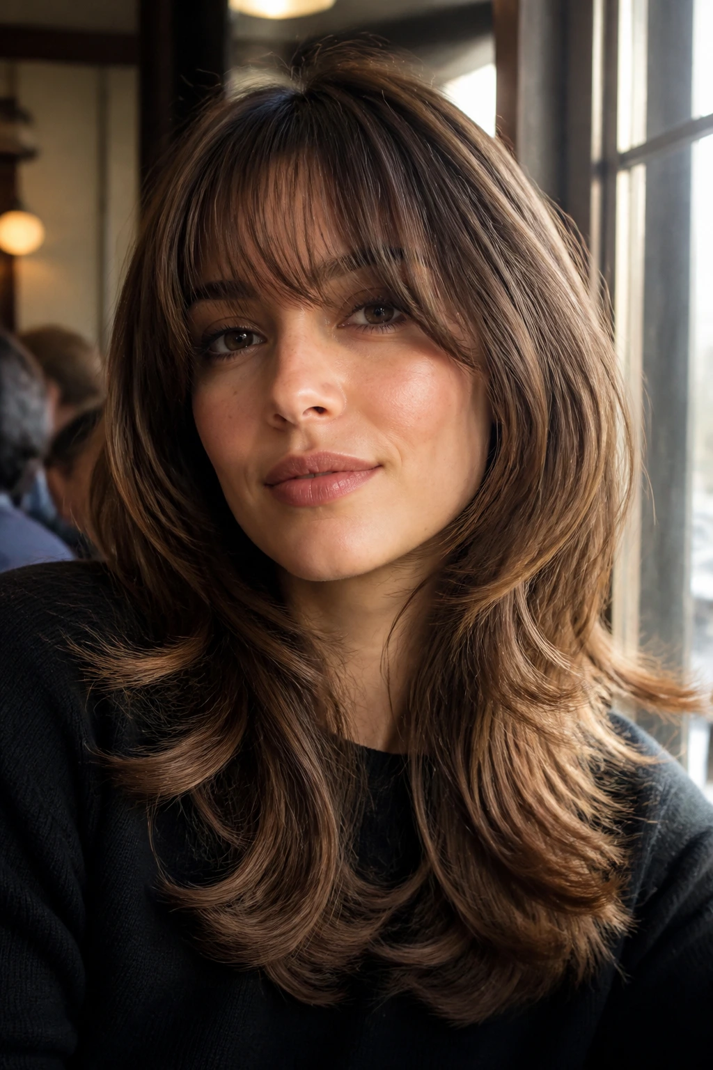 Close-up portrait of a real woman with Birkin bangs and feathered butterfly cut in daylight