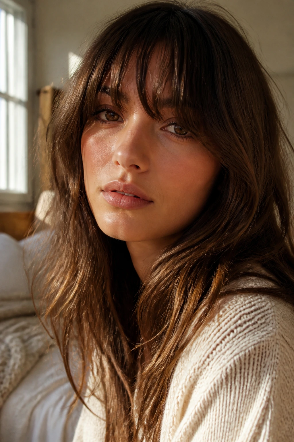 Close-up portrait of a real woman with Birkin bangs grazing the lashes