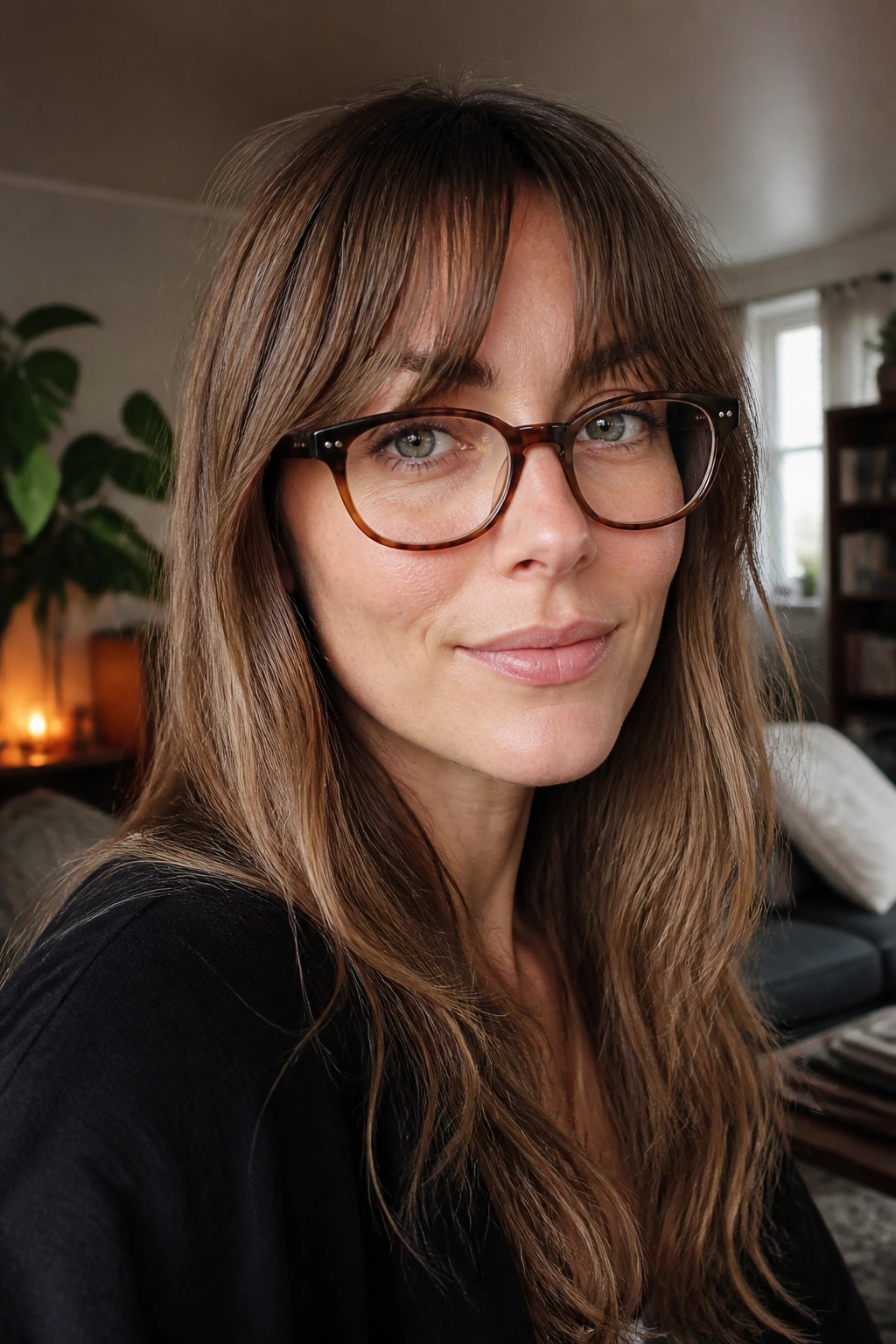 Close-up of a real woman with Birkin bangs and glasses in warm living room light
