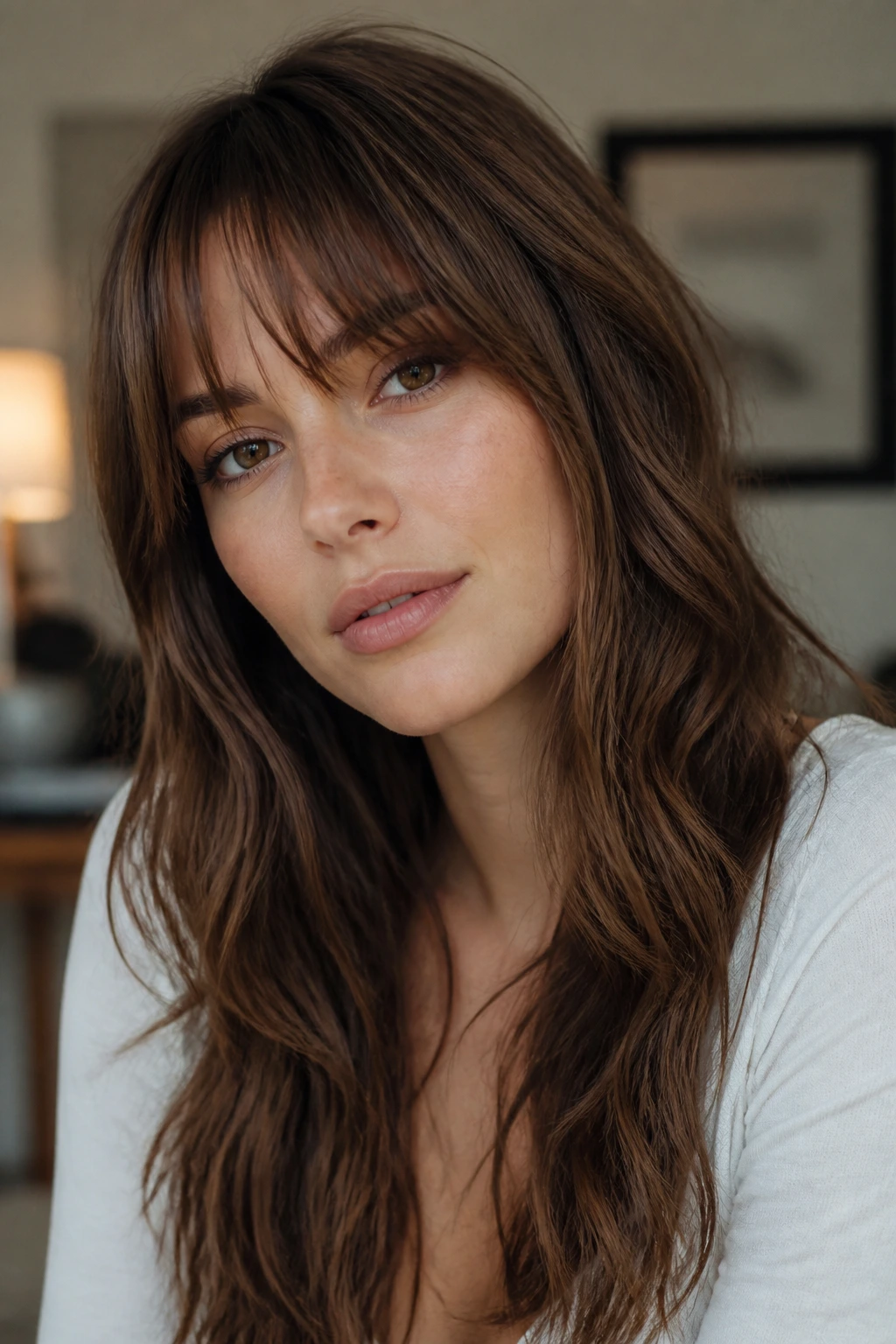 Close-up portrait of a real person wearing Birkin bangs with soft lived-in lengths
