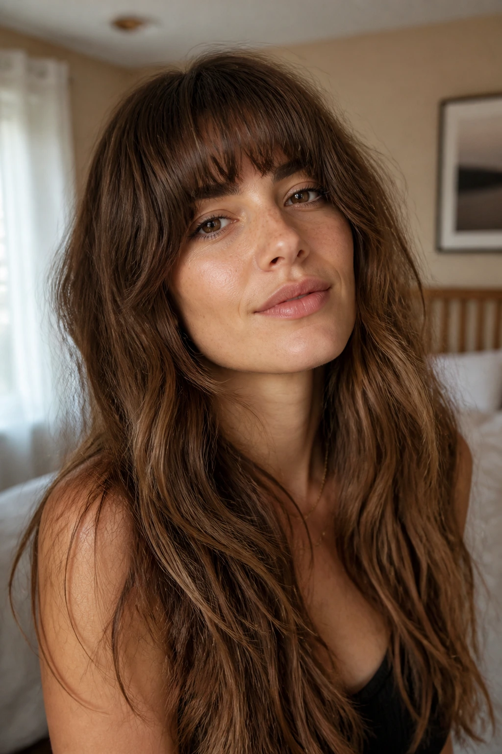 Close-up of a real woman with Birkin bangs and long wavy hair in window light