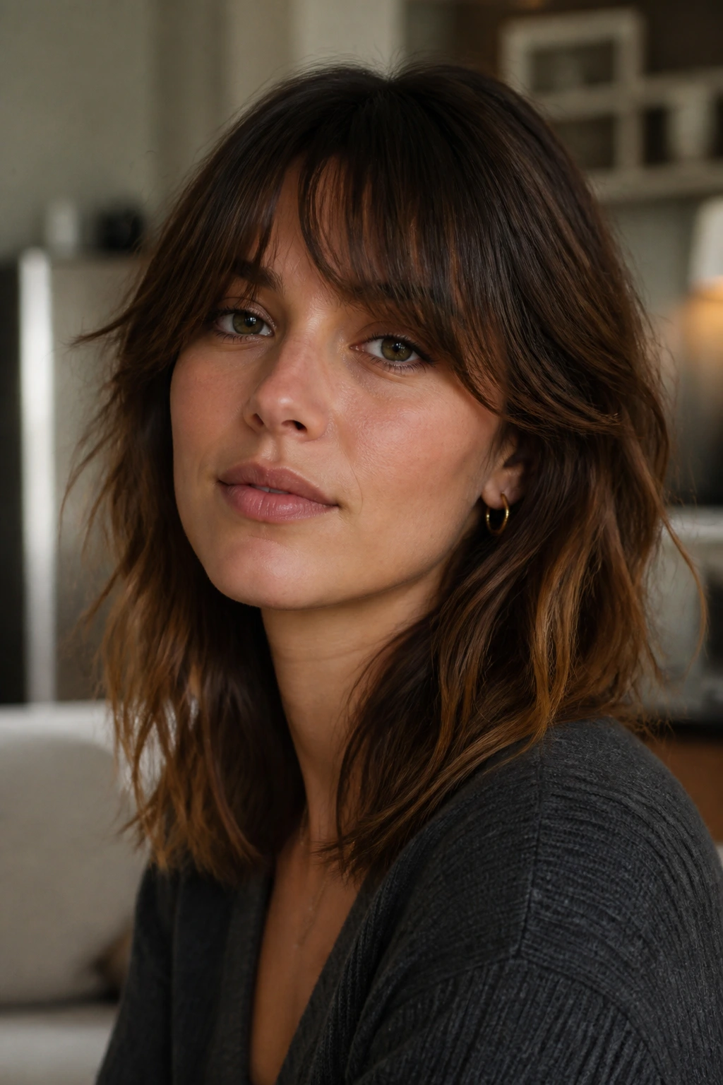 Close-up portrait of a person with Birkin bangs resting near the lashes