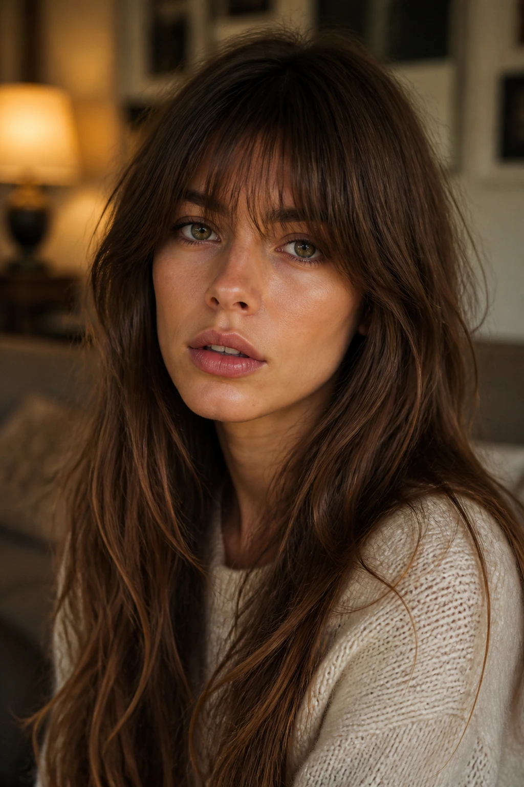 Close-up portrait of a real woman with soft Birkin bangs and long layered hair in a cozy room