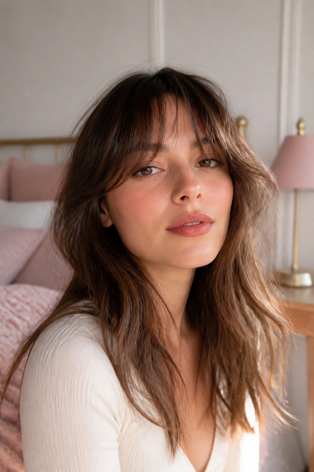 Portrait of a woman with soft, lash-grazing Birkin bangs in warm lighting.