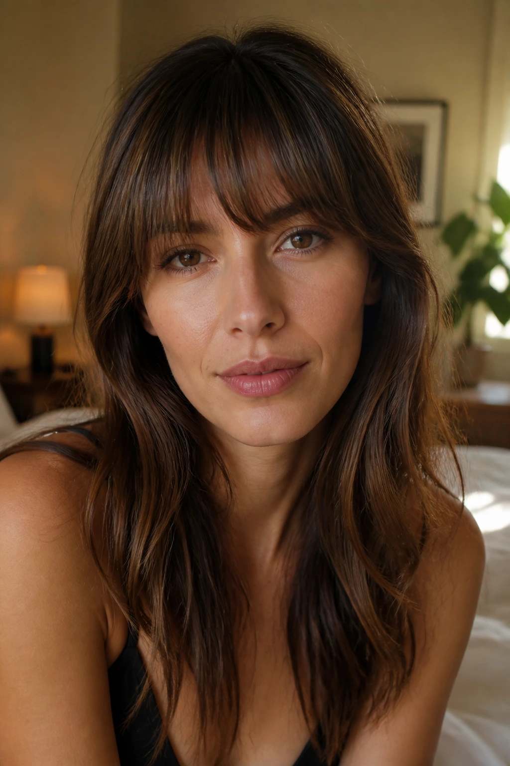 Close-up portrait of a real woman with Birkin bangs grazing the brows in warm natural light