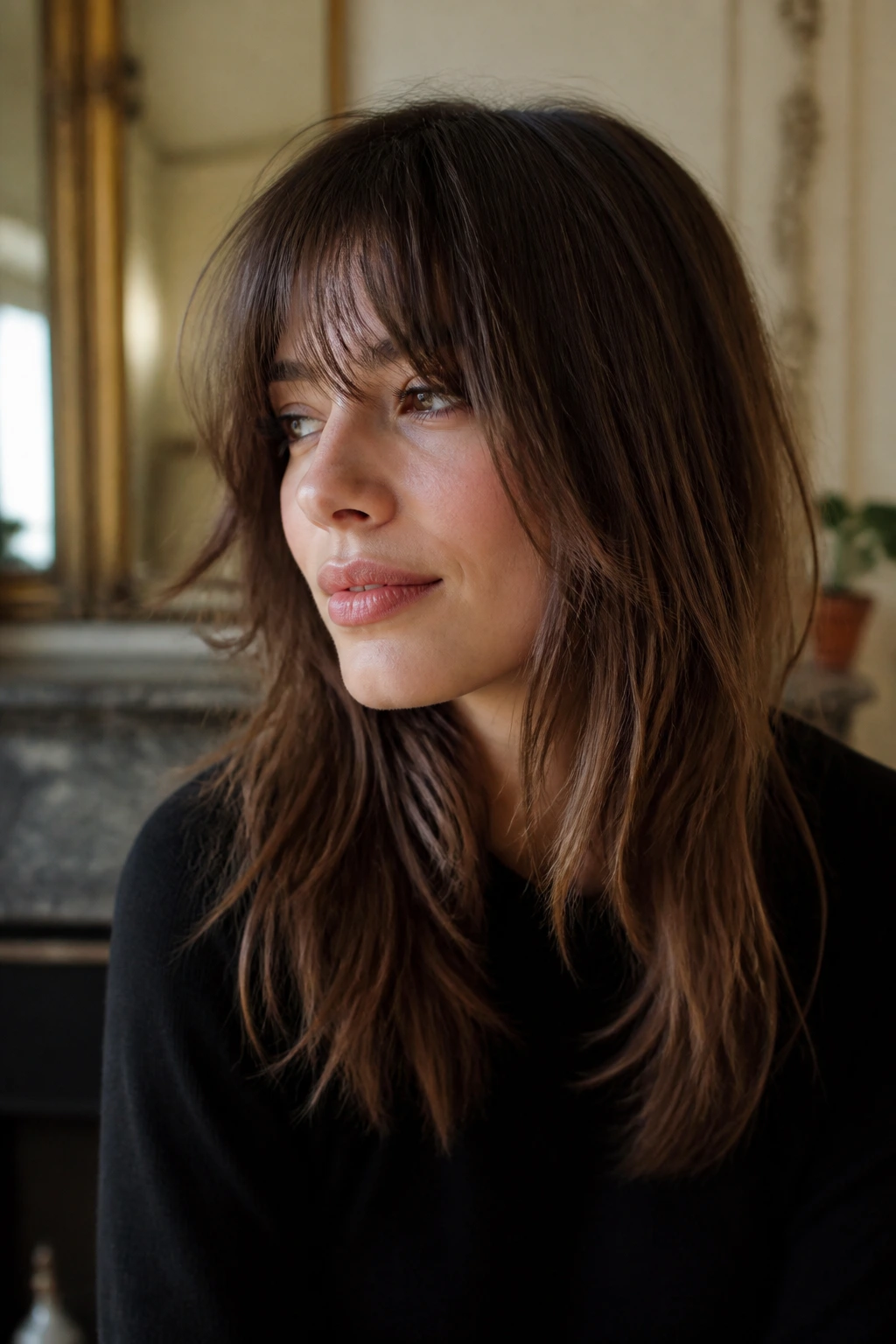 Close-up portrait of a real woman with Birkin bangs shag