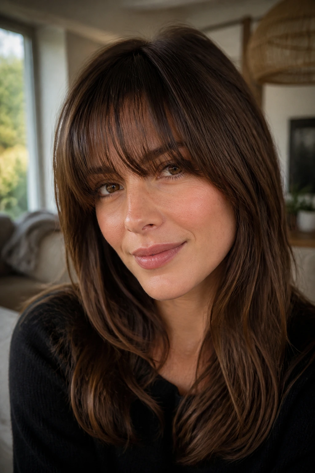 Portrait of a woman with Birkin bangs soft and full finish.