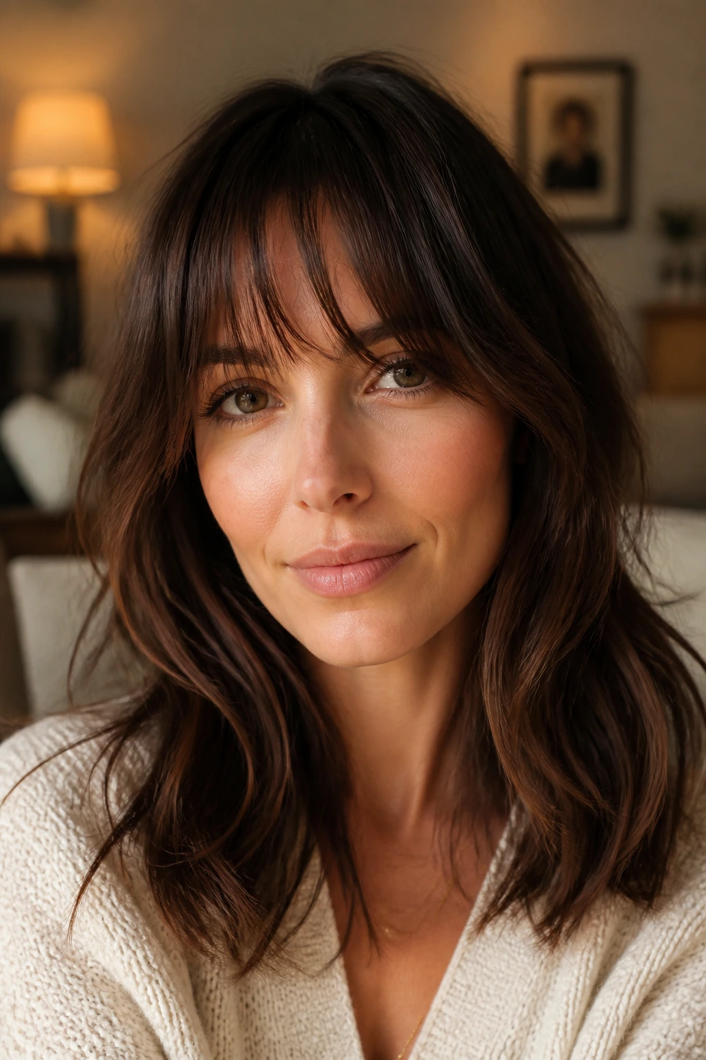 Portrait of a woman with Birkin bangs in an undone textured finish