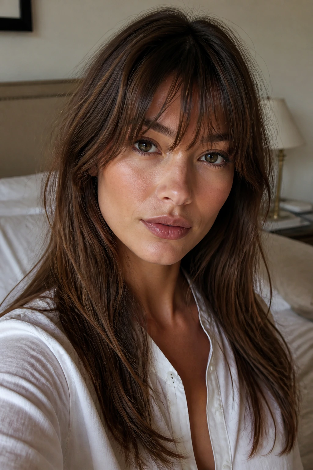 Close-up portrait of a real woman with Birkin bangs that stay a little undone, eyebrow-grazing fringe.