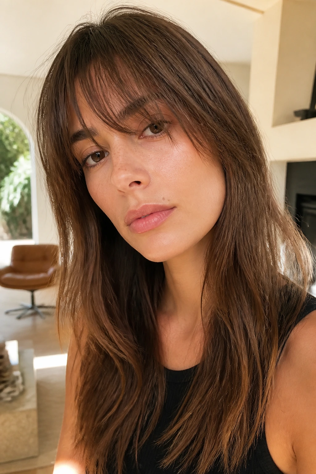 Close-up of a real woman with Birkin bangs and uneven ends on long hair