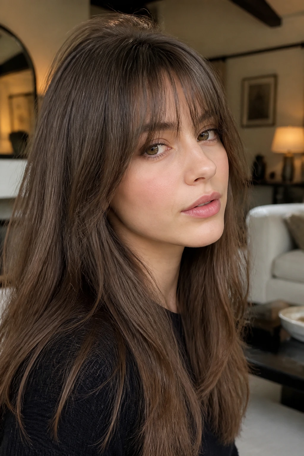 Portrait of a real person with Birkin-inspired fringe and soft ends