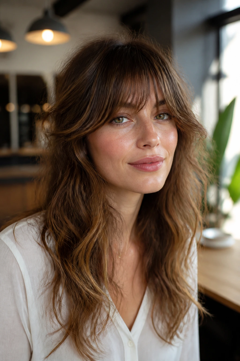 Real woman with feathered Birkin fringe and long wave drop