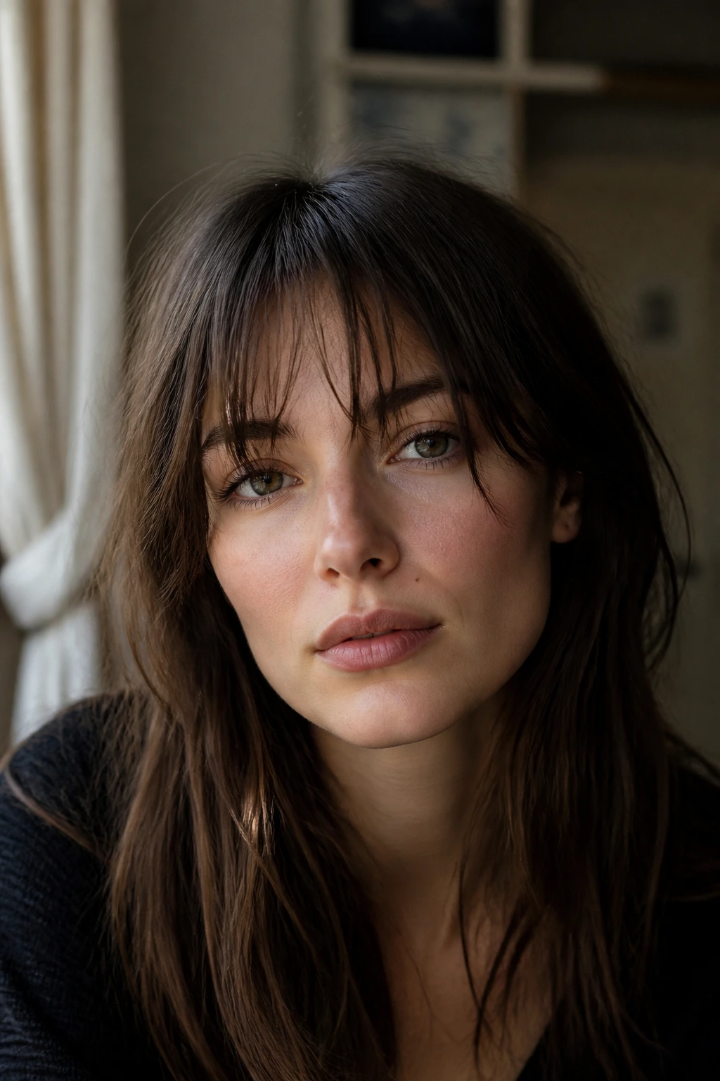 Close-up of a real woman with Birkin fringe broken wispy line