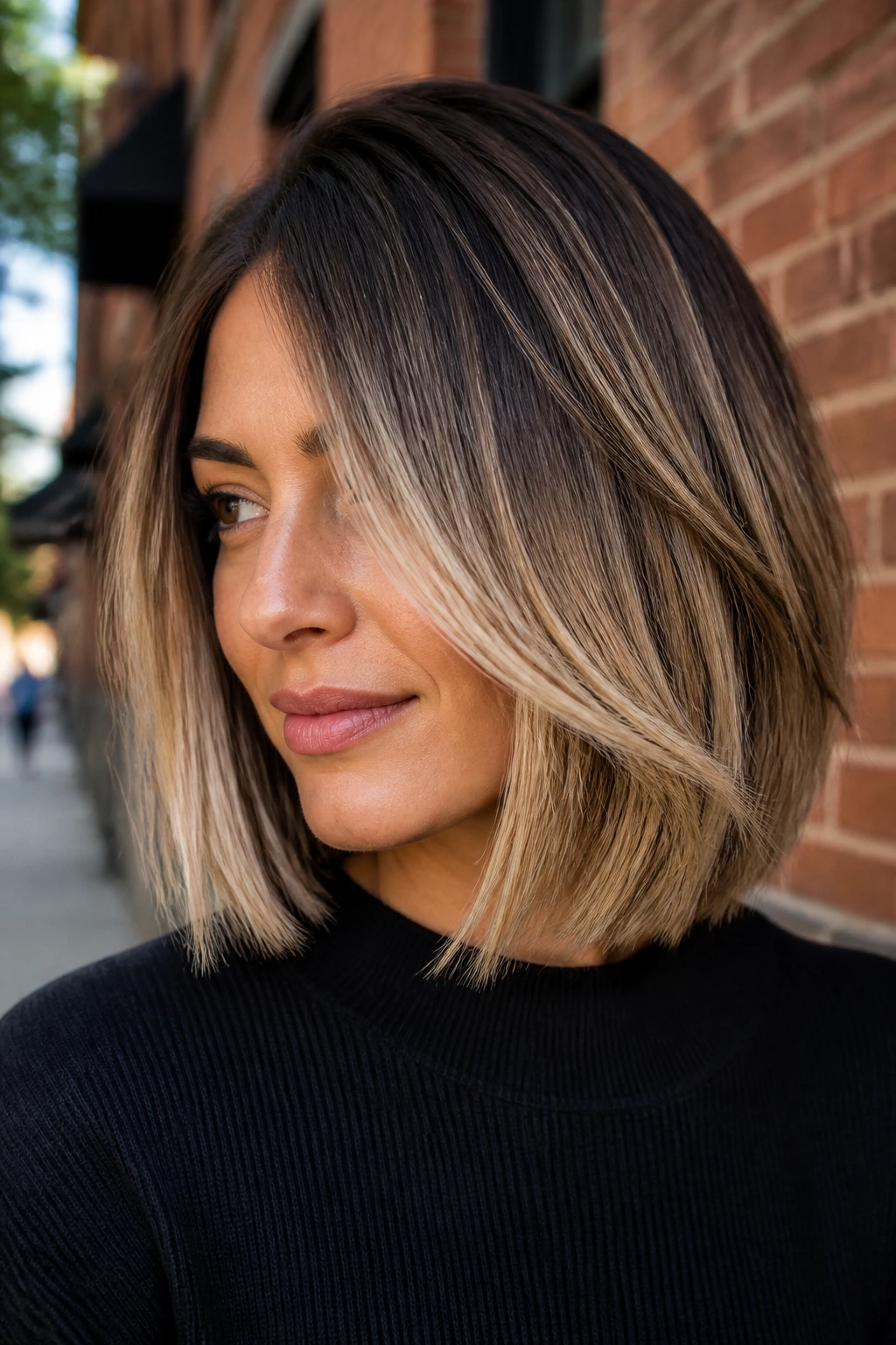 Close-up of a bob with biscotti balayage in cream and beige tones