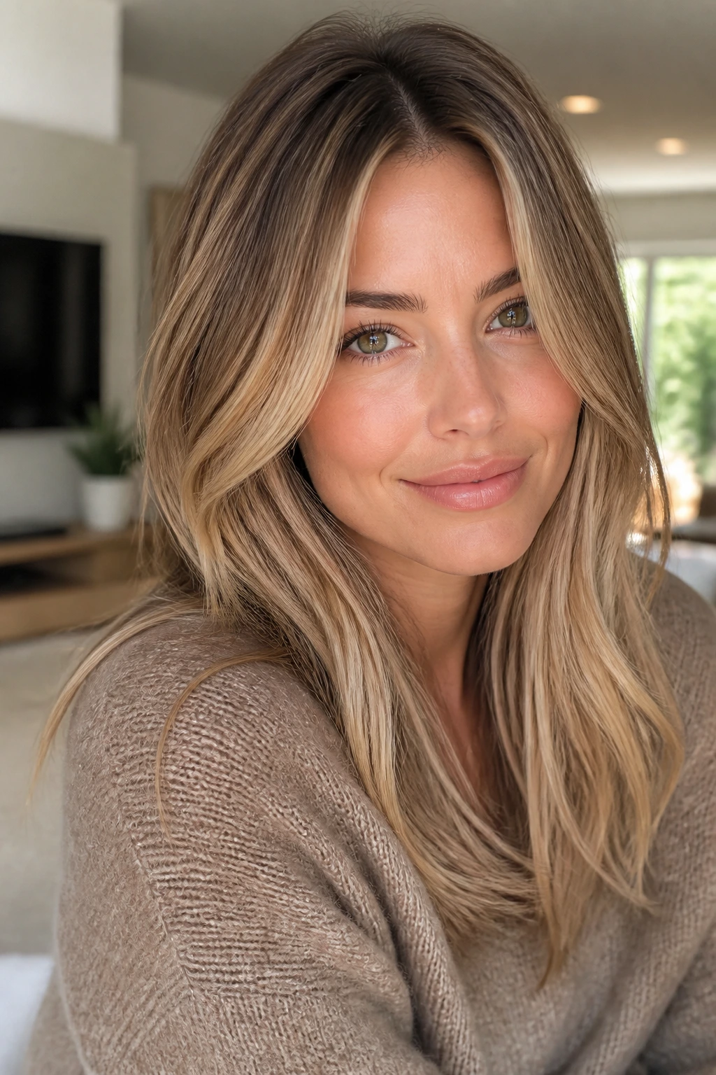Close-up portrait of a real woman with biscotti beige dimension balayage in soft daylight.