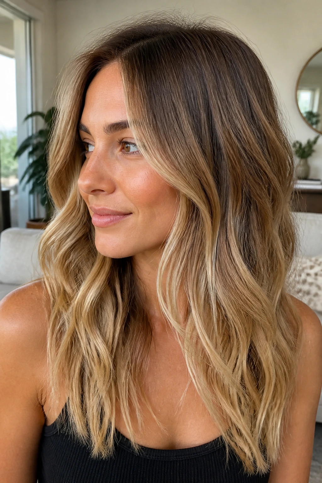 Close-up portrait of a real woman with biscotti blonde balayage hair