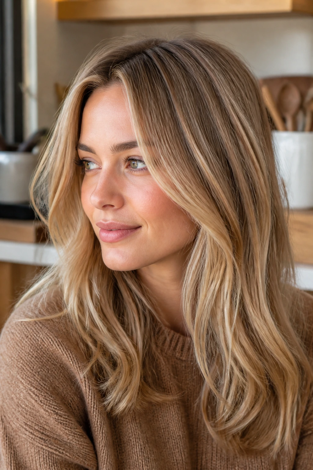 Close-up portrait of a real woman with biscotti blonde hair showing depth with cream ribbons.