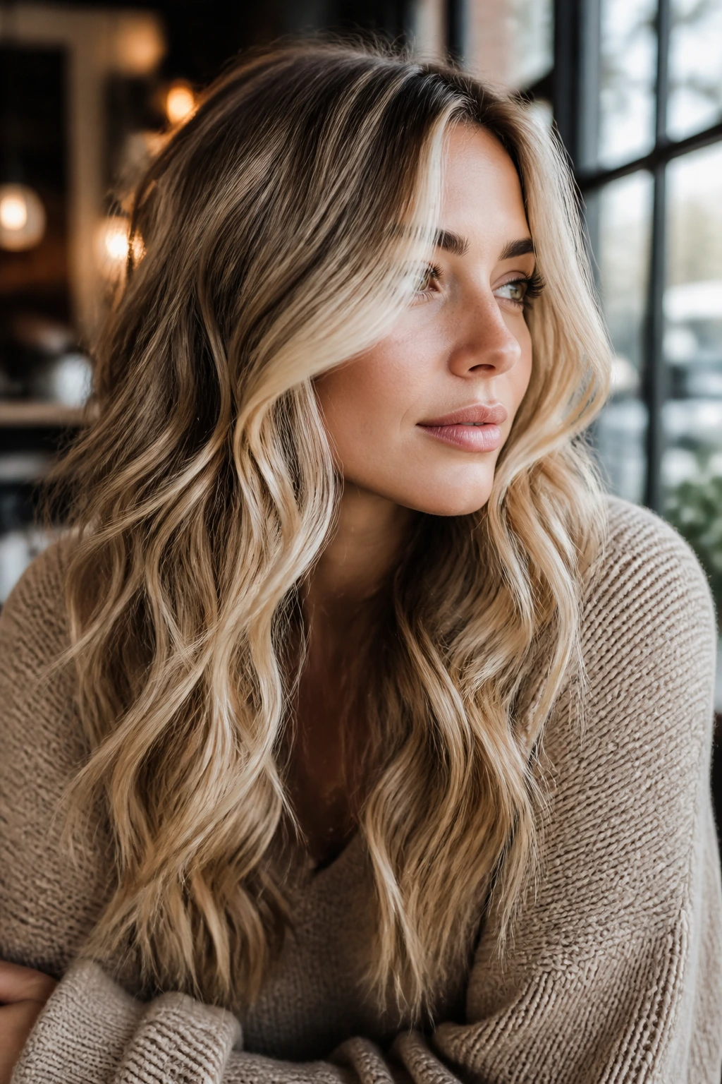Close-up of a real woman with biscotti blonde and face-framing pieces
