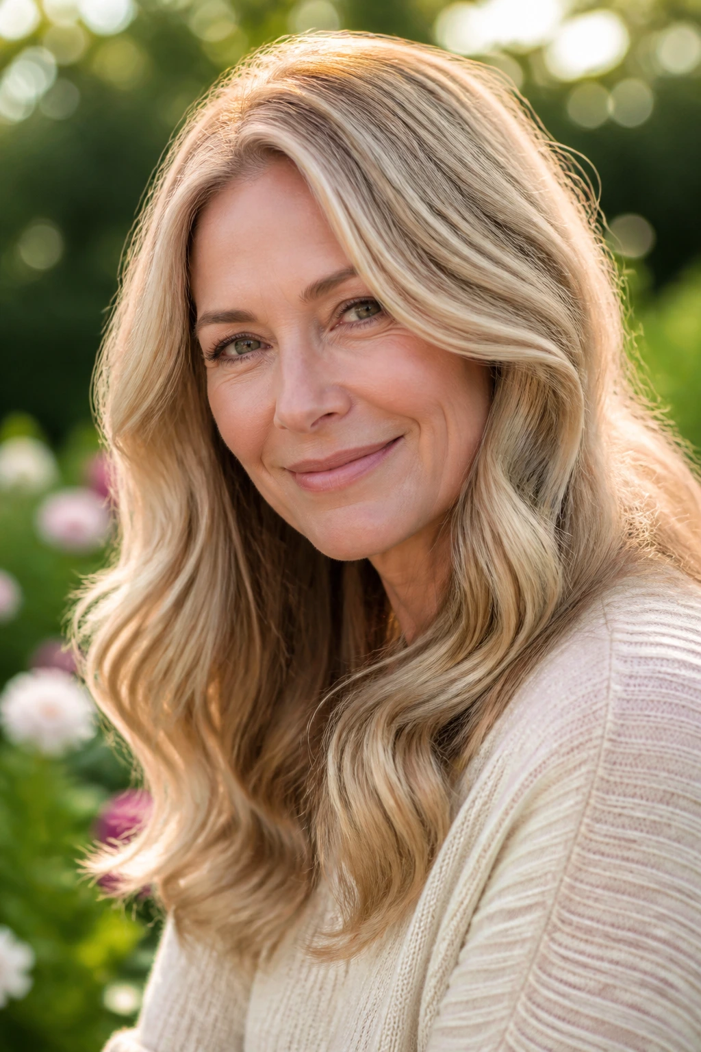 Portrait of a woman with biscotti blonde hair in a sunlit garden