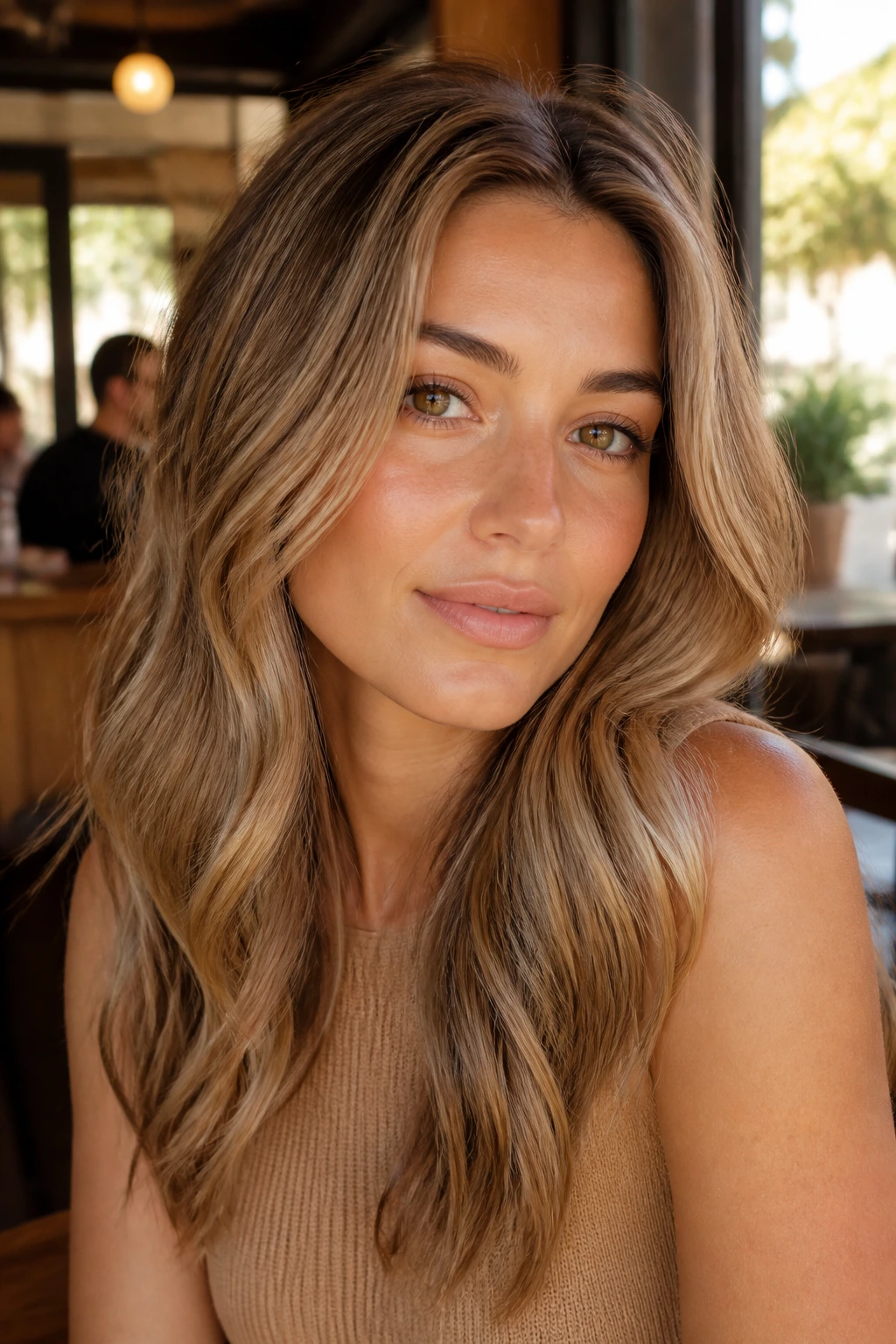 Close-up portrait of a real woman with biscotti blonde hair in cafe lighting