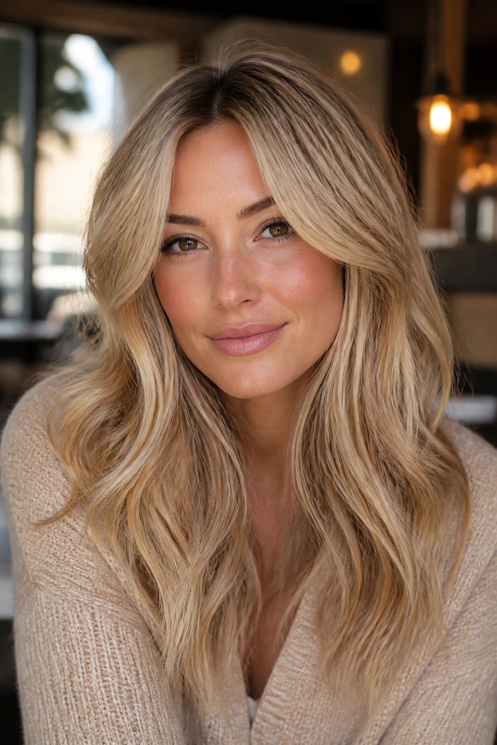 Portrait of real woman with biscotti blonde warm beige tones