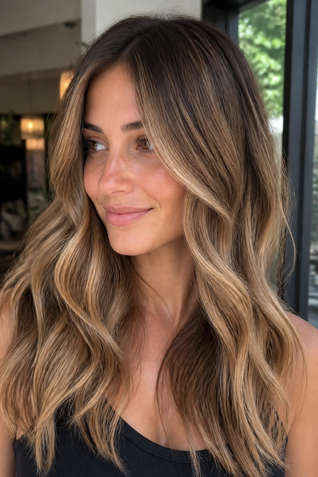 Close-up portrait of a real woman with biscotti bronde hair color featuring beige and biscuit highlights.