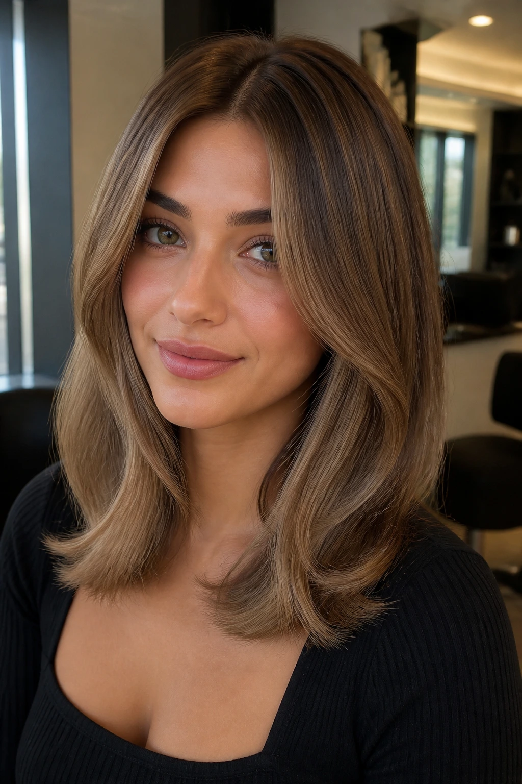 Close-up portrait of a woman with biscotti brunette hair in a soft salon setting