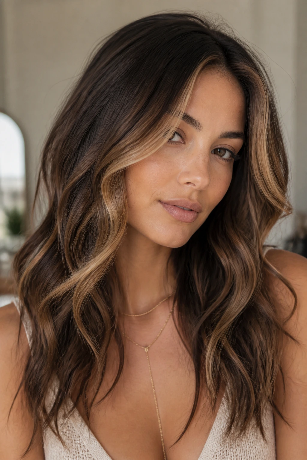 Portrait of a woman with biscotti brunette and light face-framing lights