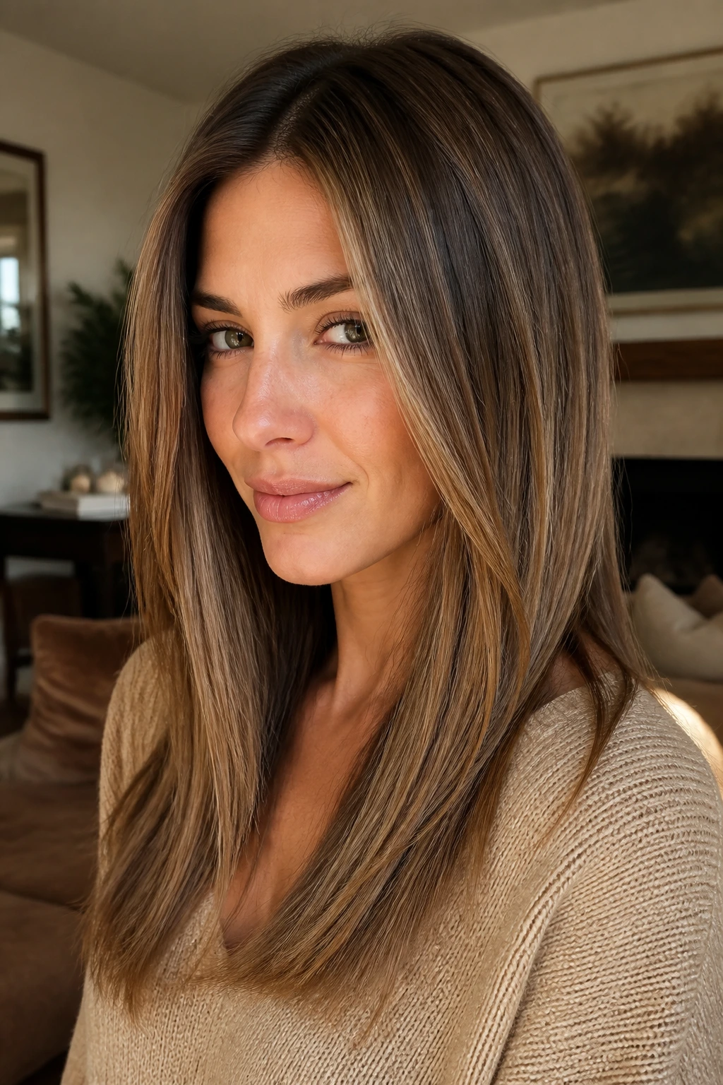Close-up of a real woman with biscotti brunette hair and sandy highlights in a warm living room