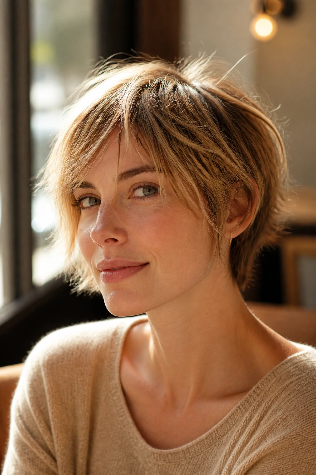 Portrait of a woman with Air-Dry Bixie short variation showing movement.