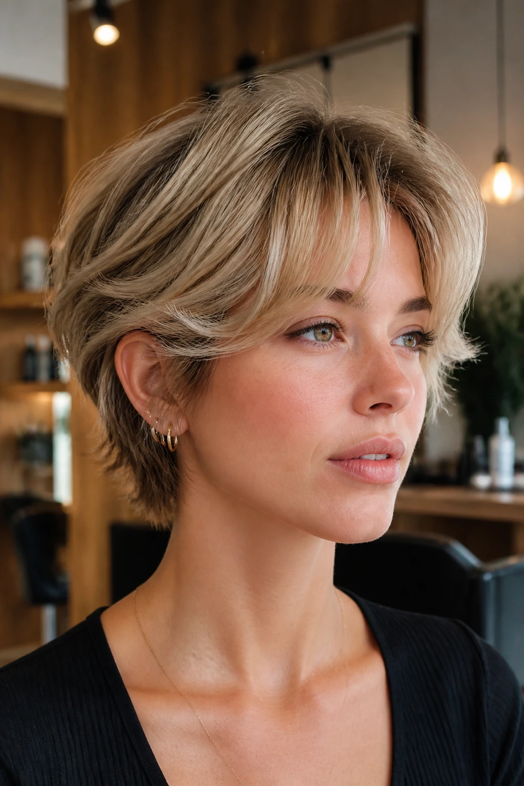 Close-up portrait of a real woman with bixie cut and airy curtain bangs in warm salon lighting
