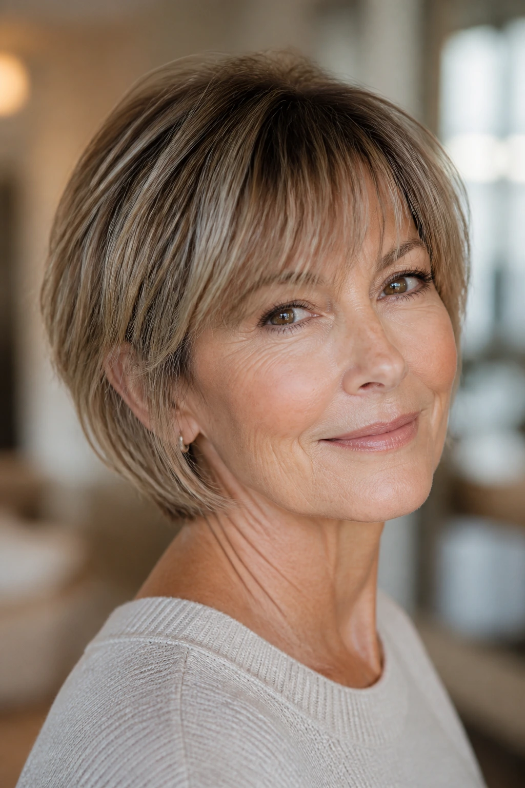 Close-up portrait of a real woman with neck-grazing bixie and bangs