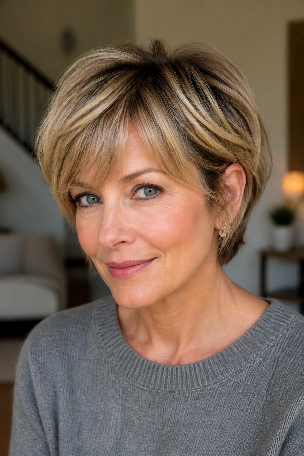 Portrait of a real person with bixie blend hairstyle