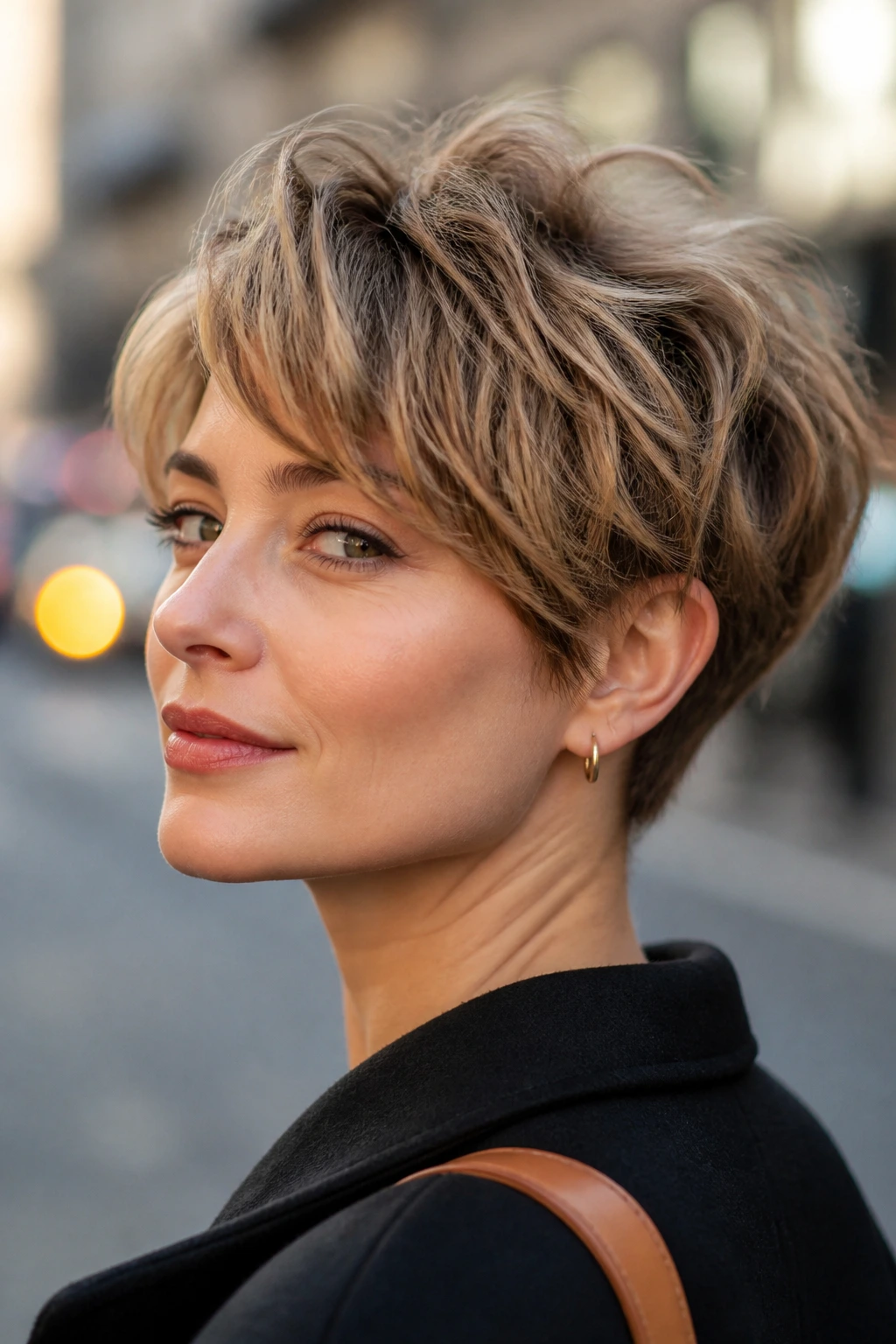 Portrait of a woman with bixie-bob cross hairstyle.