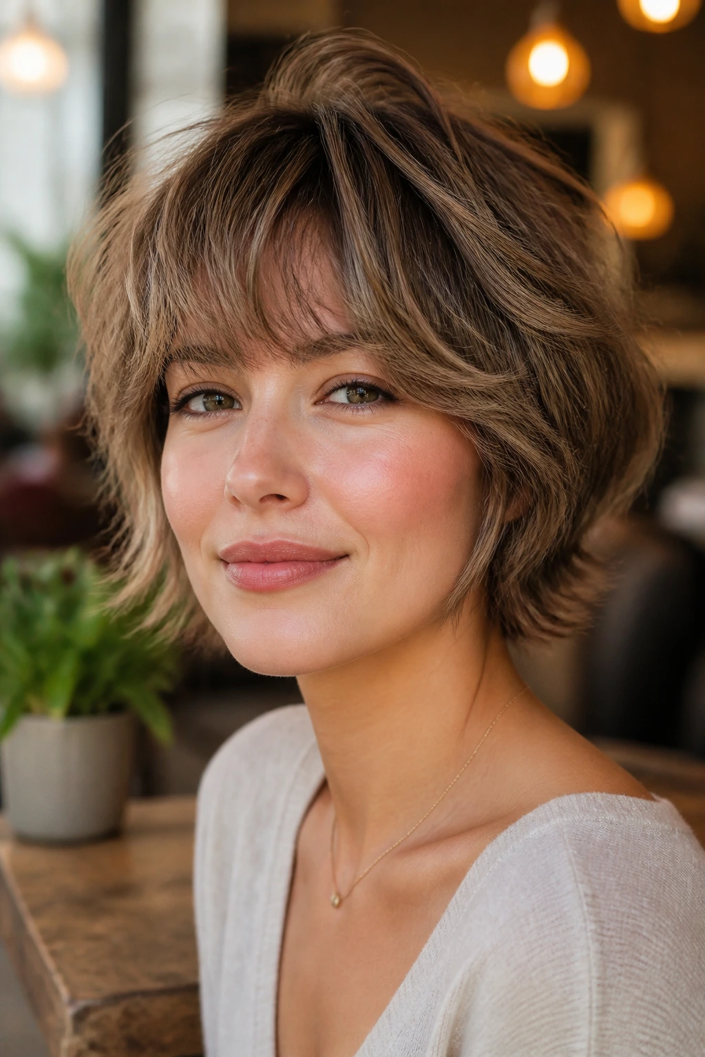 Close-up portrait of a real woman with bixie-bob and fluffy fringe in a cafe setting.