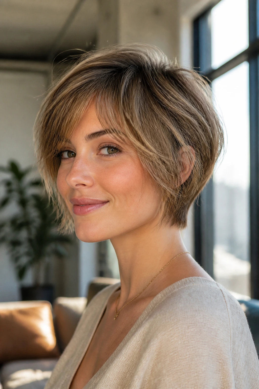 Close-up of a real woman with bixie-bob hybrid hairstyle