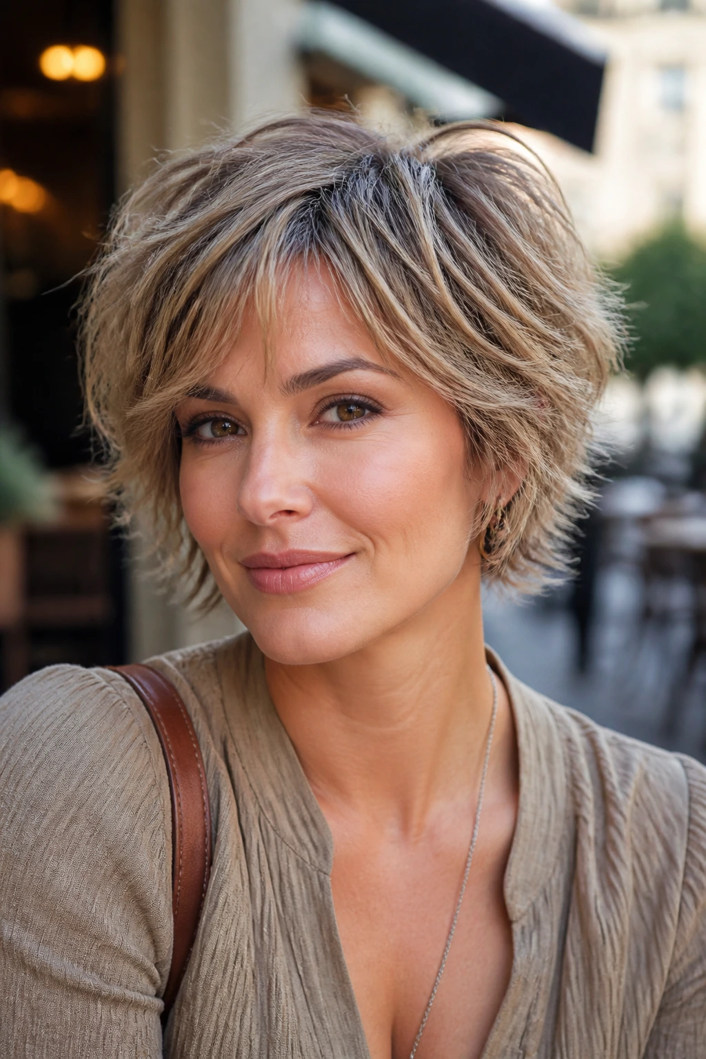 Close-up of a real woman with a bixie-bob hybrid hairstyle showing airy crown and textured ends.