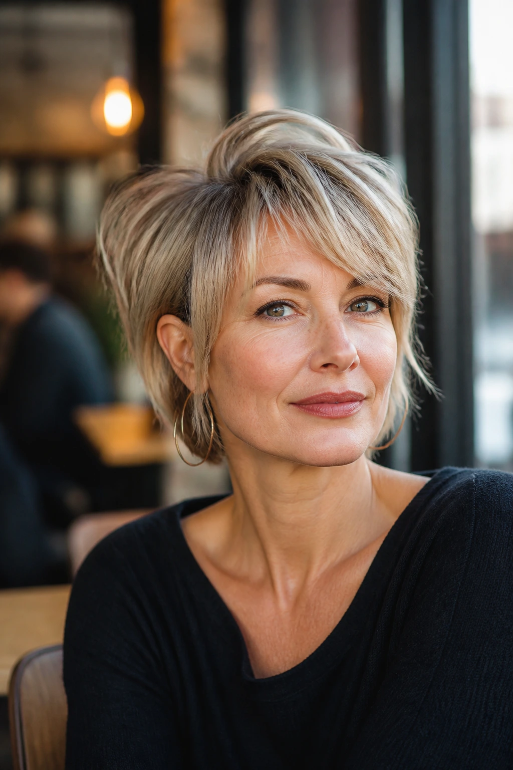 Portrait of a real woman with bixie-bob hybrid hairstyle in cafe window light.