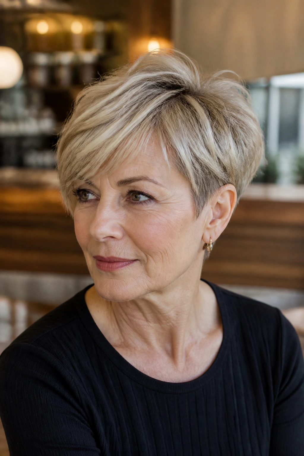 Real woman with bixie-bob hybrid hairstyle in a stylish cafe setting