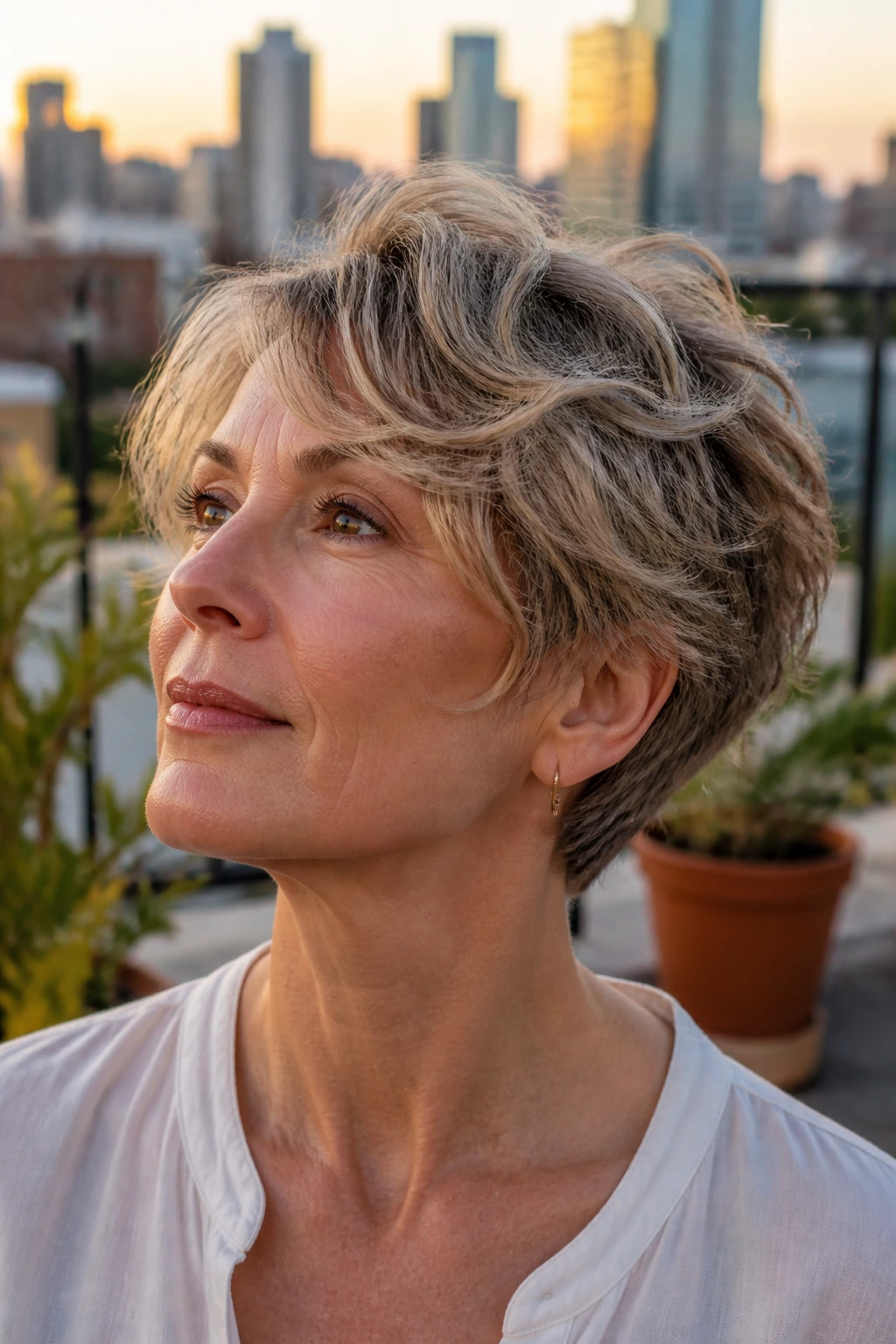 Portrait of a real woman with bixie-bob showing short nape and longer top layer.