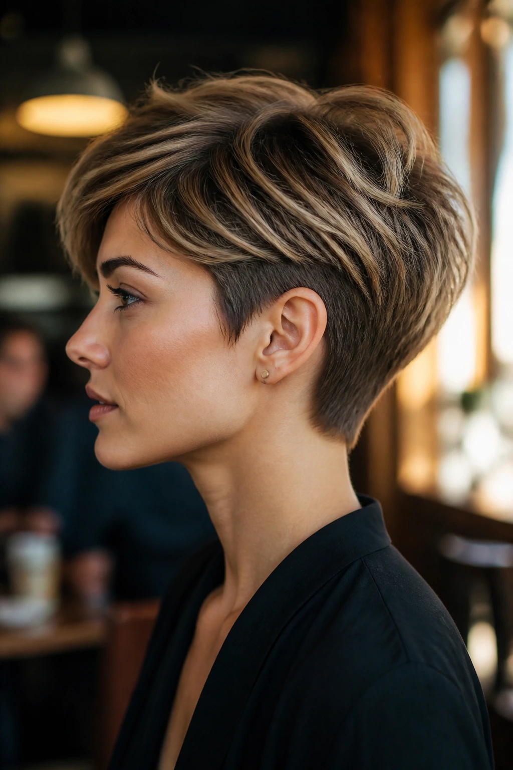 Close-up profile of a real woman with a bixie bob showing short sides and lifted crown.