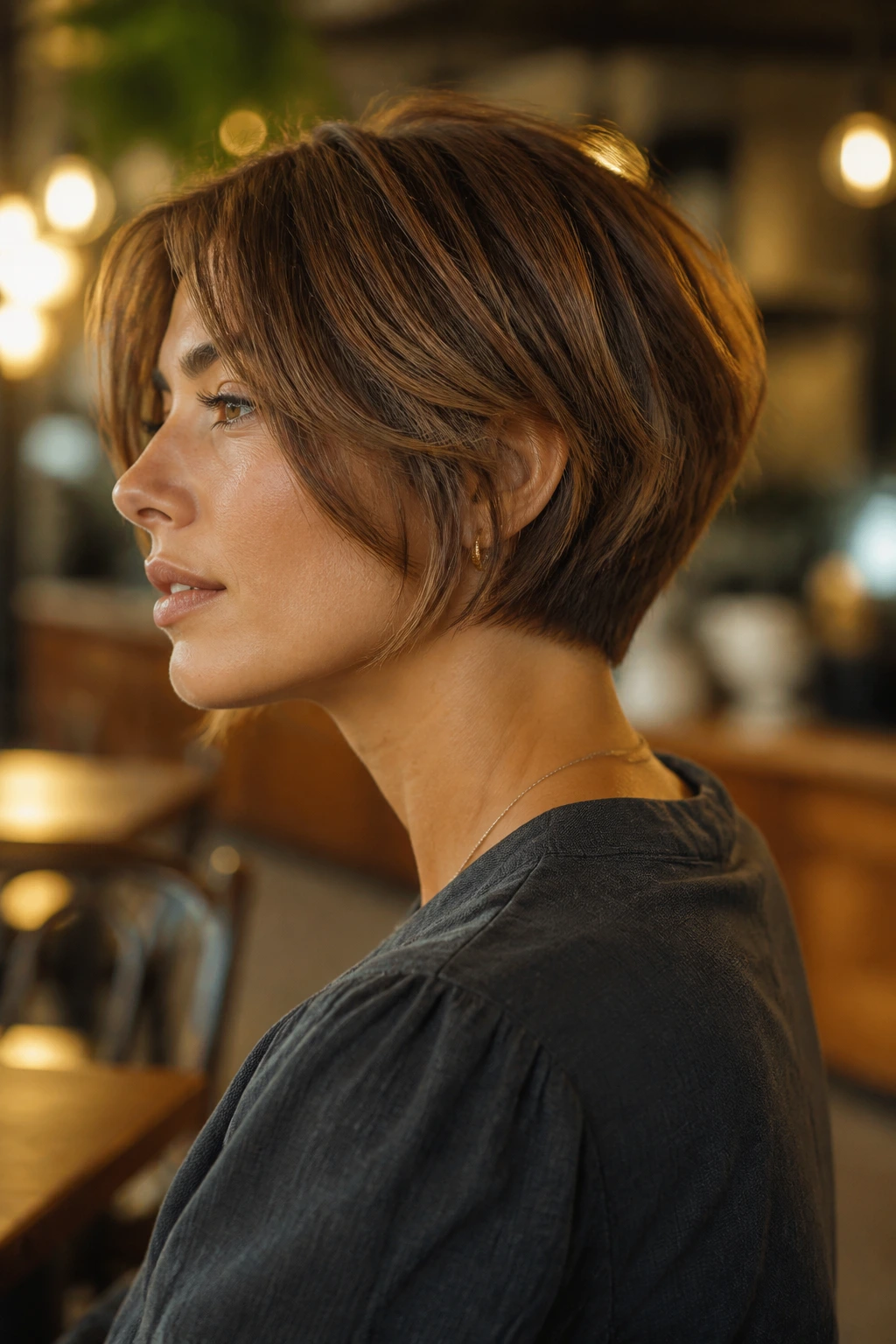 Real person with bixie bridge cut showing longer front and sides and short nape