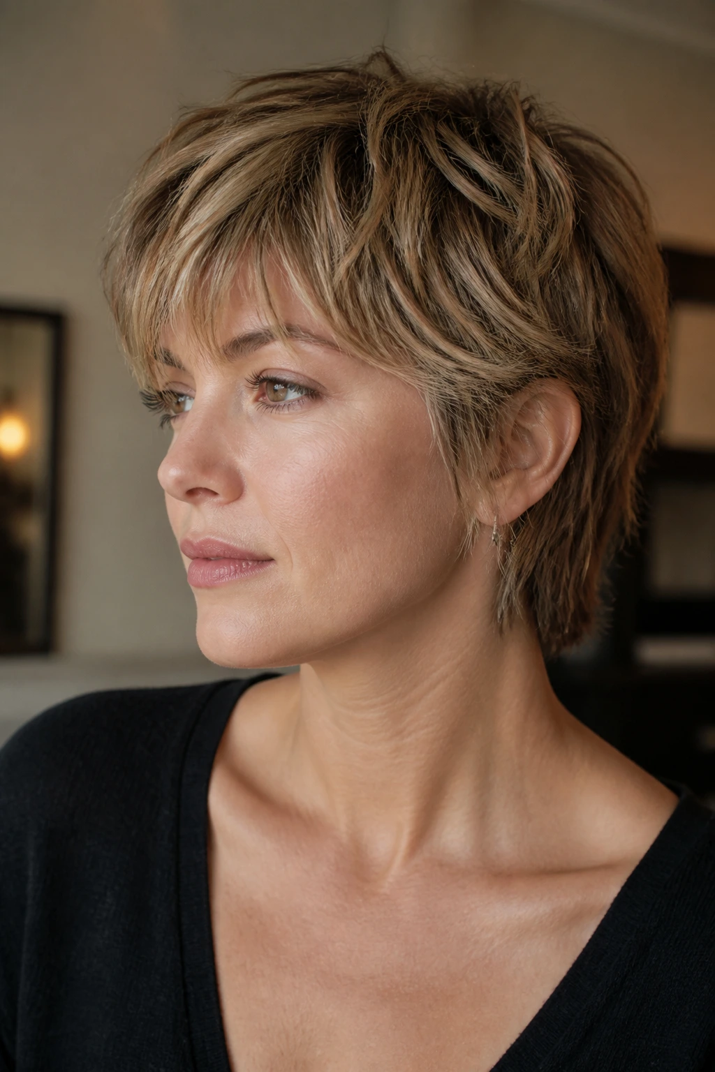 Real person with a bixie hairstyle showing broken layers