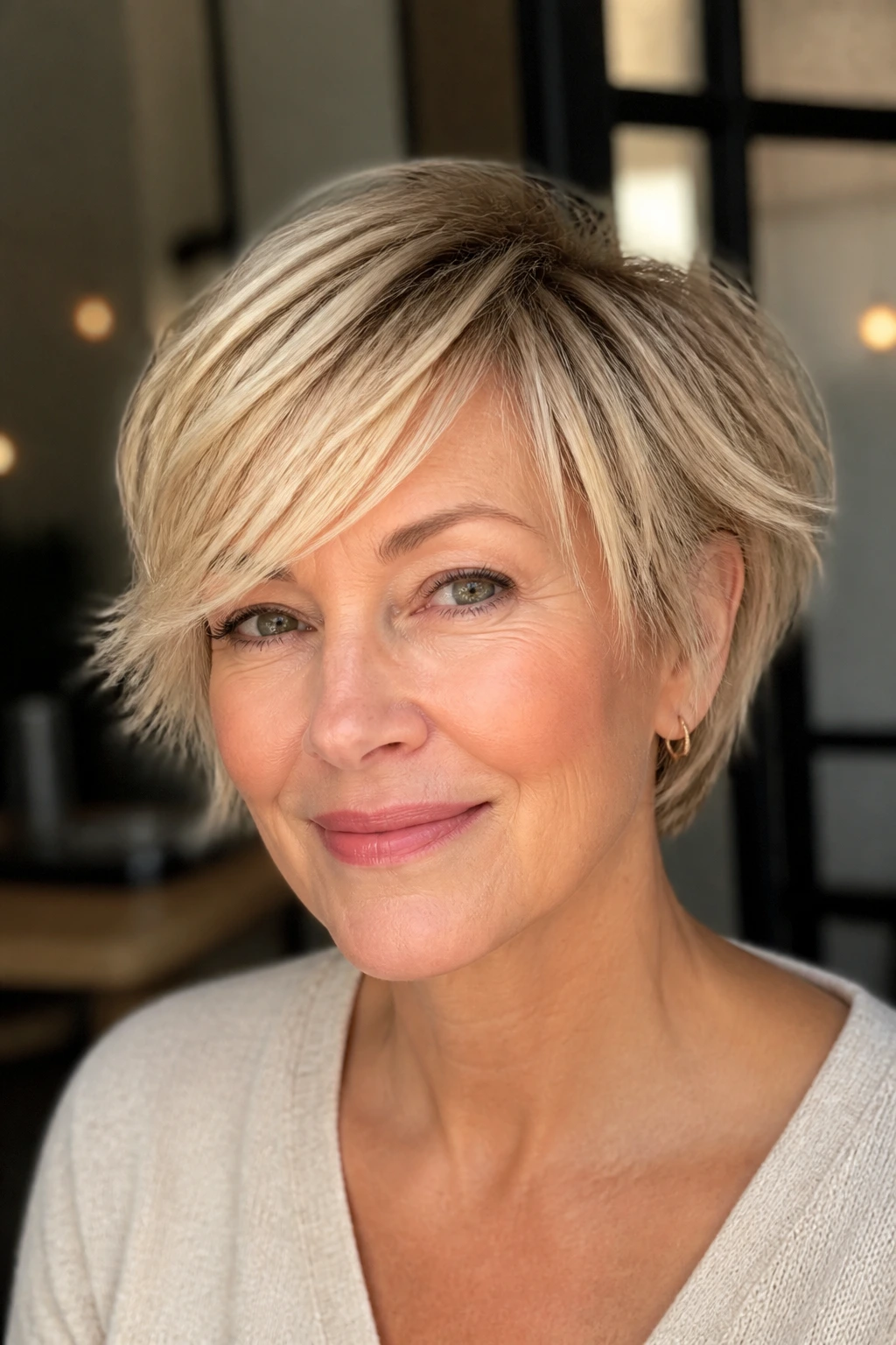 Close-up of a real person with a champagne blonde bixie and side-swept fringe