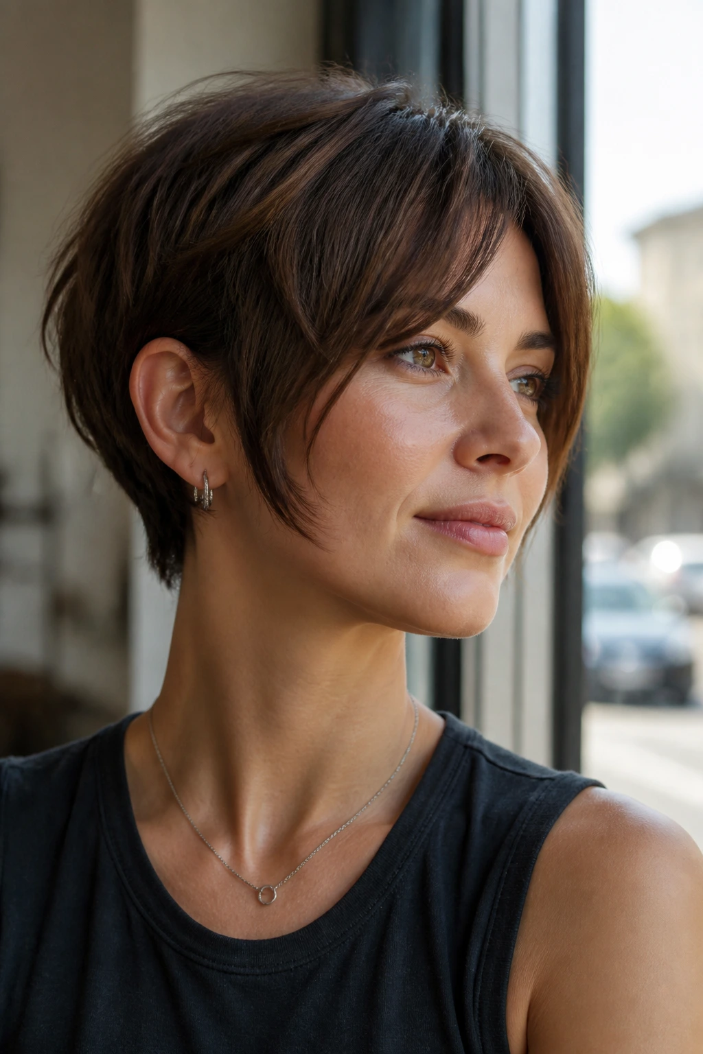 Real person with bixie haircut featuring cheekbone-length pieces