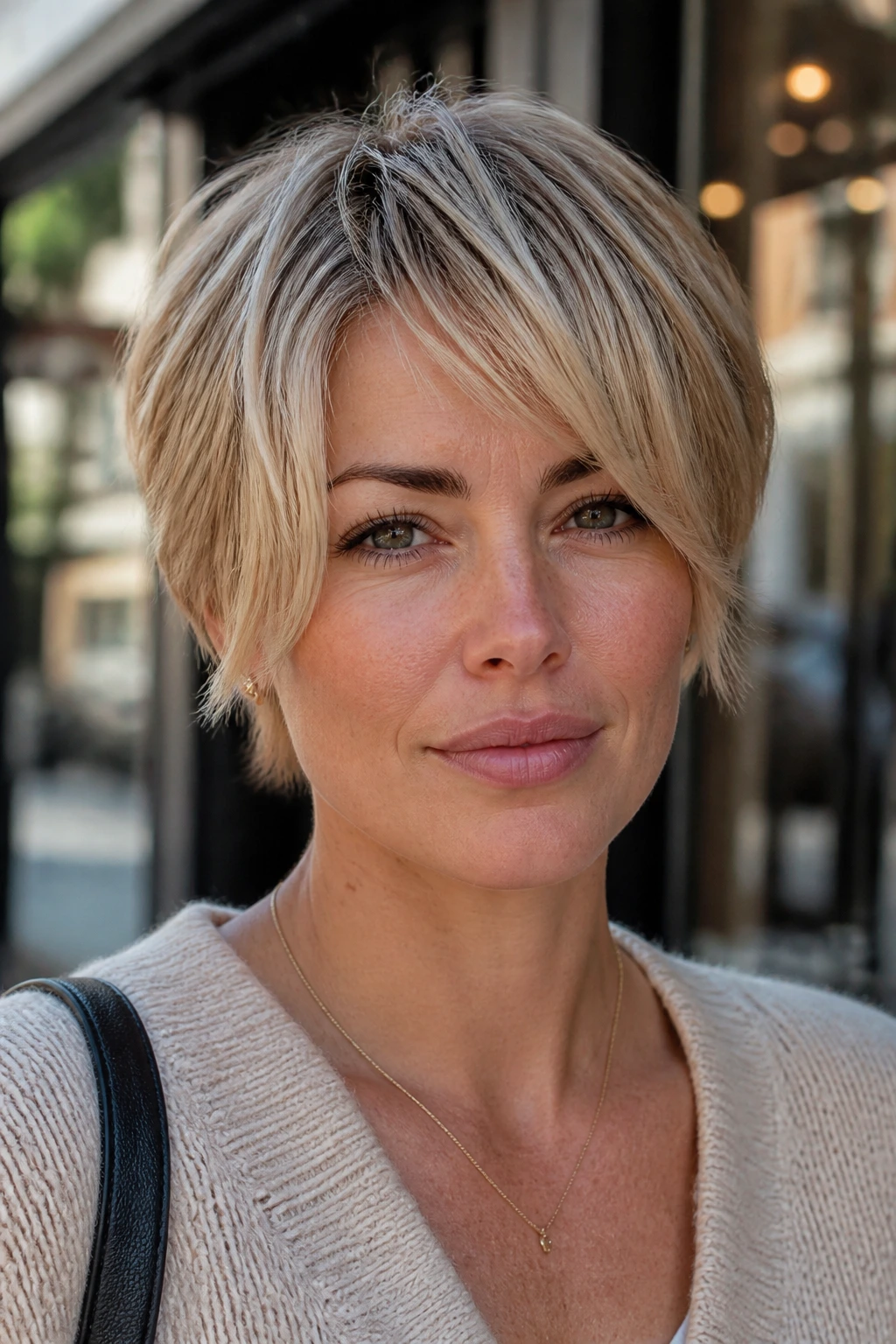Portrait of a real person in a bixie cut with cheekbone-grazing front pieces