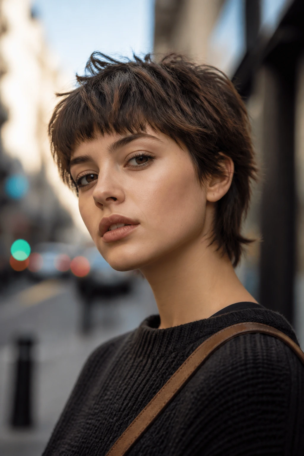 Close-up portrait of a real person with bixie cut and choppy fringe